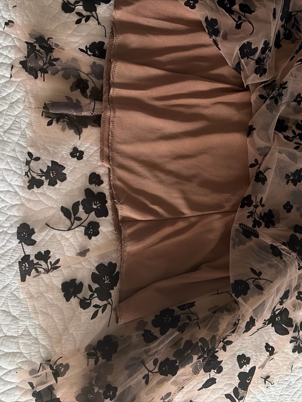 Women's Floral Mesh Midi Skirt - Brown with Black Floral - Picture 2 of 2
